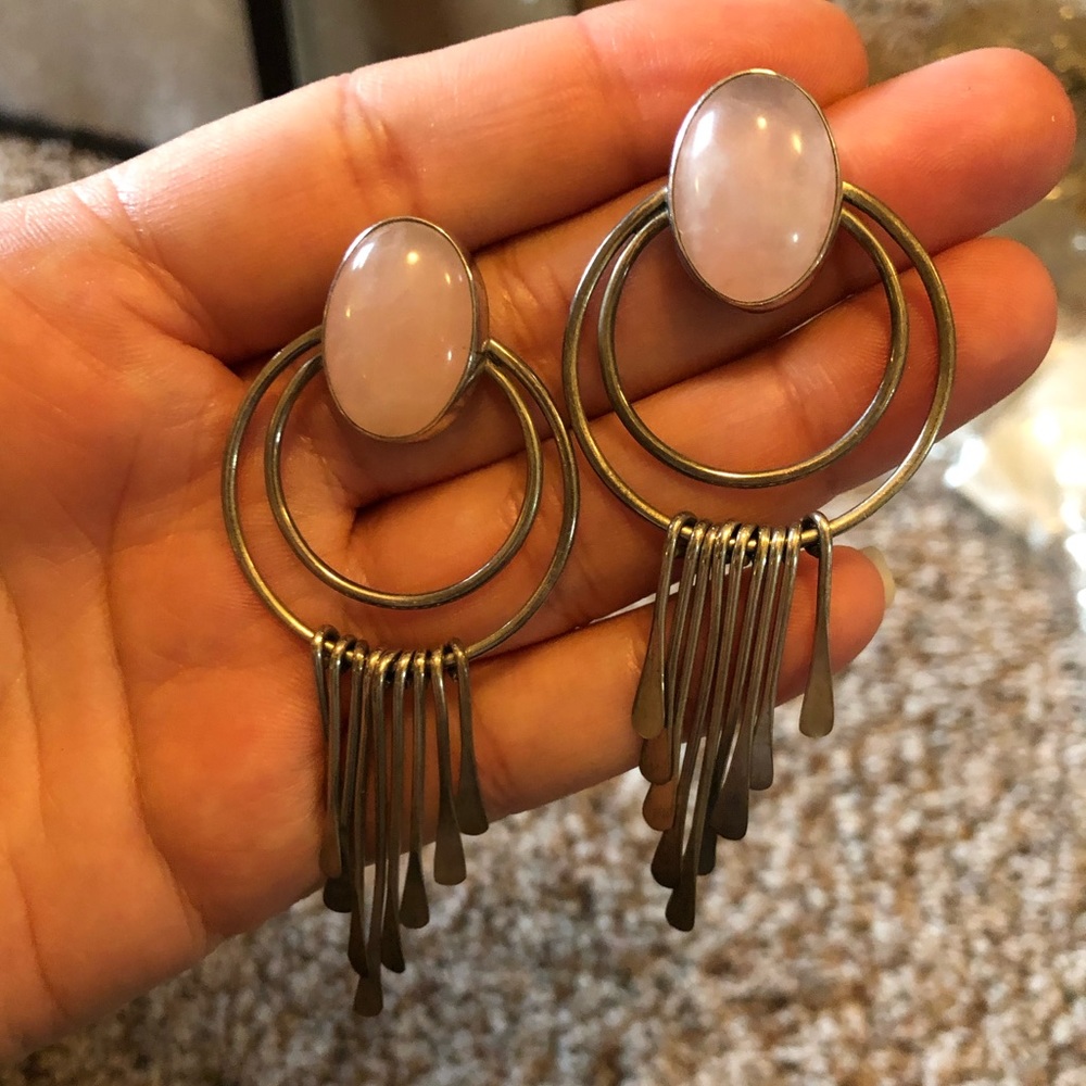 Navajo rose quartz paddle sterling post earrings